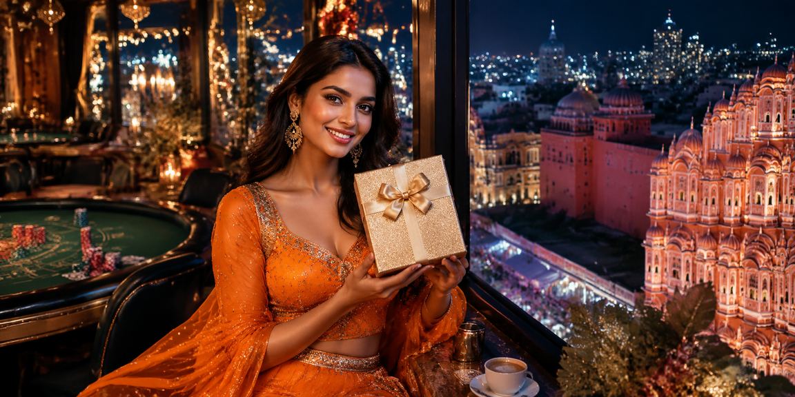 Indian player using mobile casino app with traditional architecture background